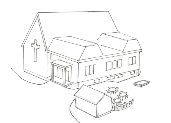 Illustration i svart/vit av uteplats vid Missionskyrkan